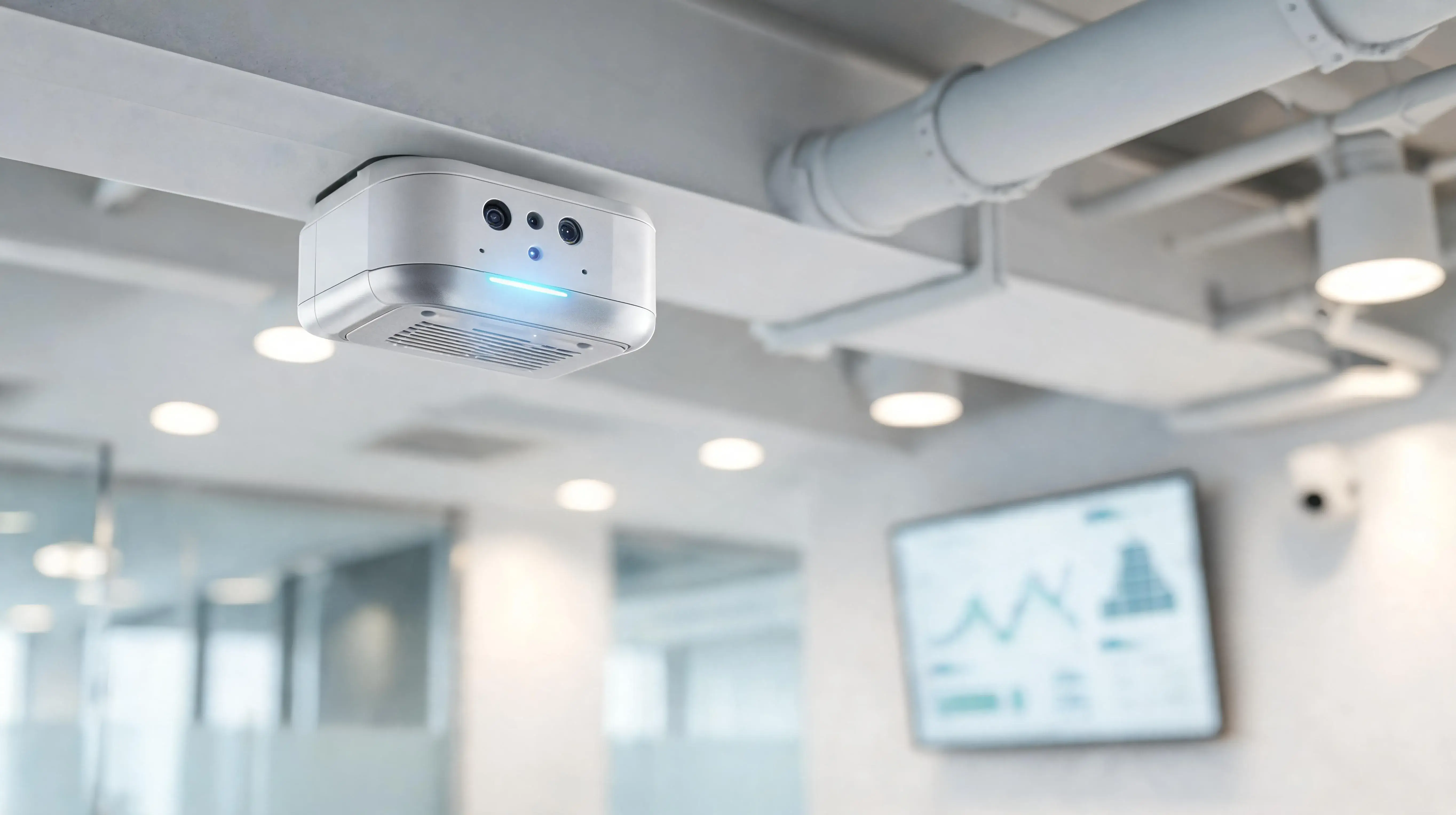 IoT sensors monitoring energy, occupancy, and equipment performance in a modern smart facility